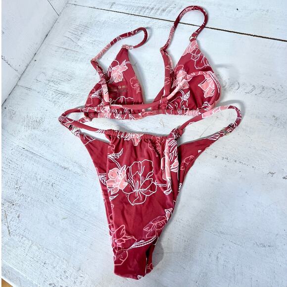 KB Swim Floral Bikini Top & High Leg Bikini Bottom Set Red/Pink Women's Size S - Picture 4 of 5